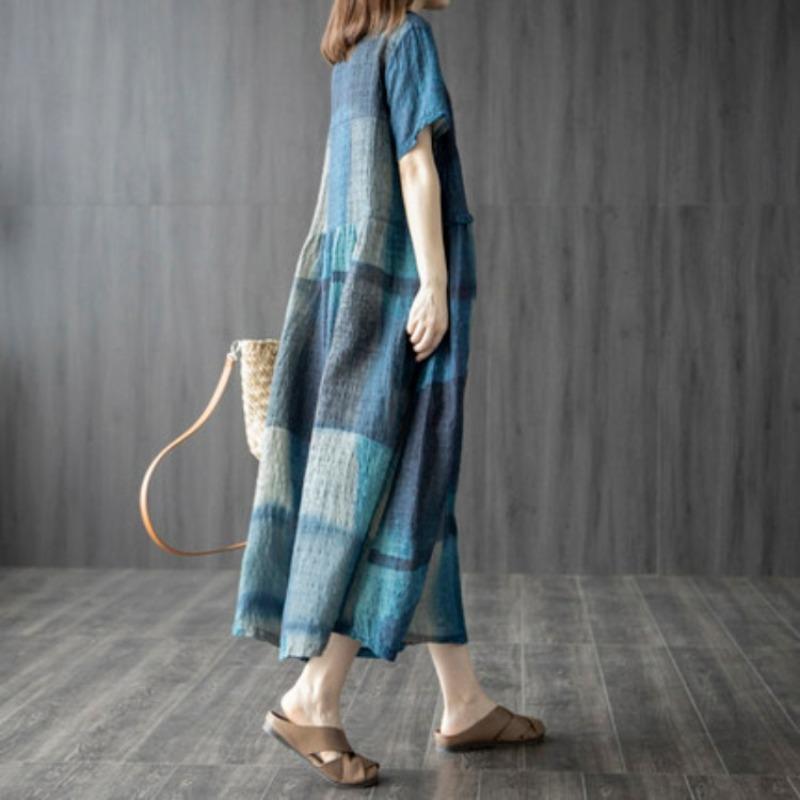 Summer Retro Loose Women's Cotton and Linen Plaid Dress