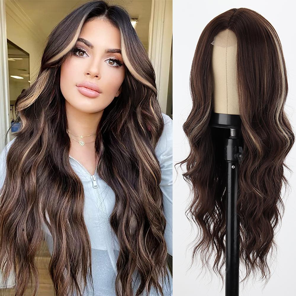 MISS WIG Long Black Wavy Wig for Women Middle Part Curly Wavy Wig Natural Looking Synthetic Heat Resistant Fiber Wig for Daily Party Use