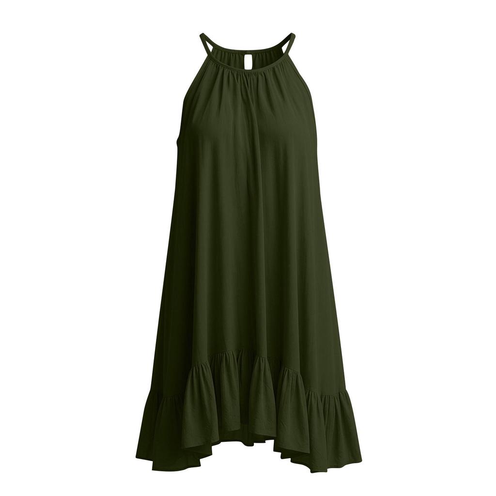 Spring Summer Sleeveless Pleated Halter Vacation Dress for Women