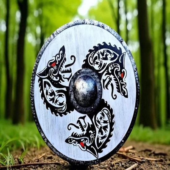 Medieval Dragon Print Viking Shield Battle-Worn Valhalla Wooden Norse Warrior Decor LARP Display Shield