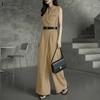 Women Casual Turn Down Collar Loose Sleeveless Long Jumpsuits