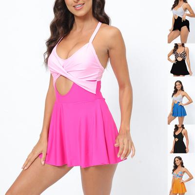 Women's Fashion Sexy One Piece Padded Swim Dress Hollow Out Bikini Swimsuit Solid Monokini Lace Up Back Hot Spring Swimwear Tummy Control Bathing Suit