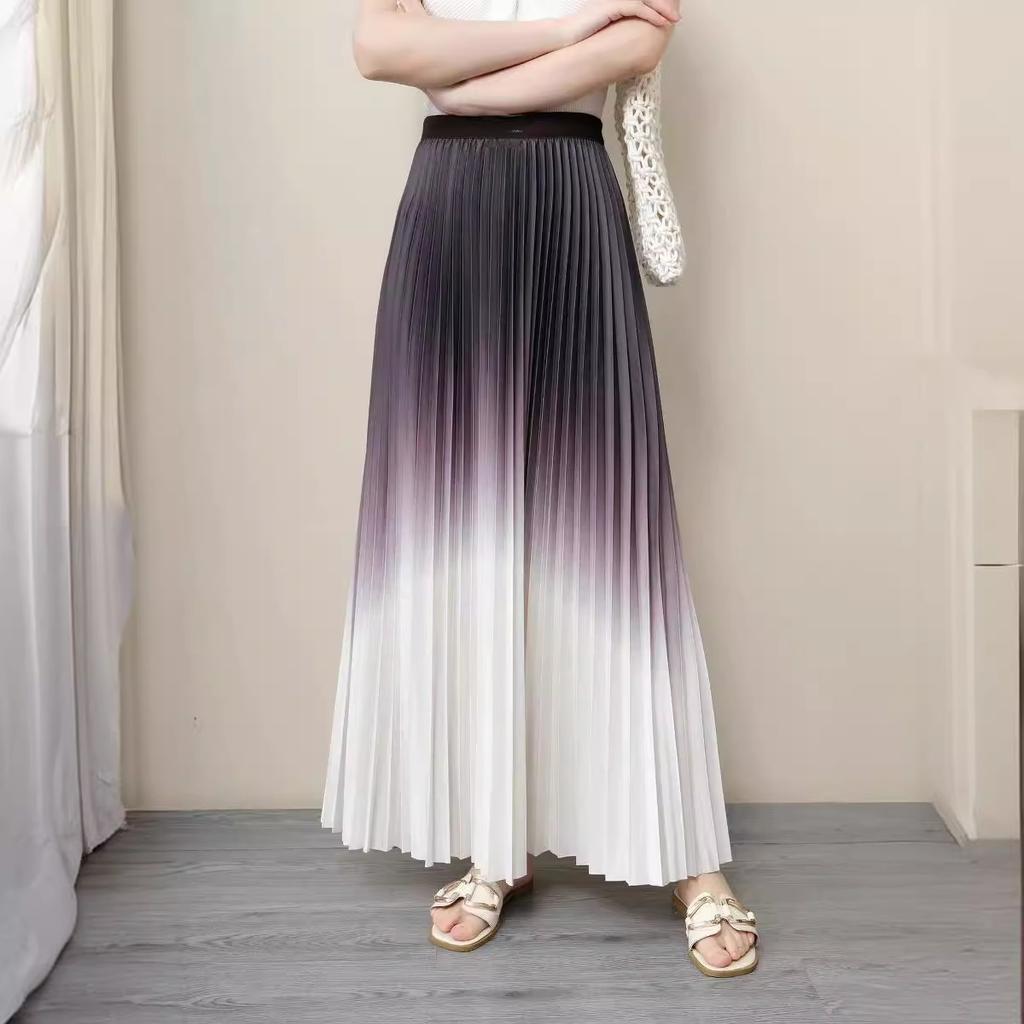 Women Spring Fall High Waist All Match Gradient Color Pleated A Line Skirt