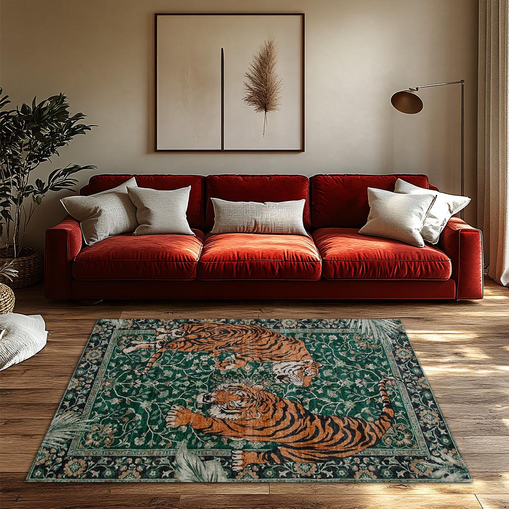 Green Tiger Pattern Bohemian Rug, Orange Animal Print Non-Slip Carpet, Jungle Theme Living Room Mat for Nature Decor