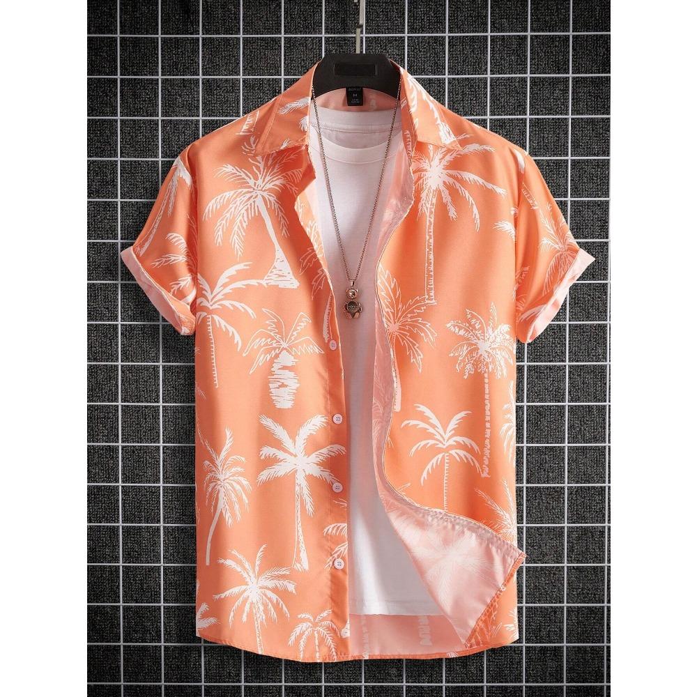 Tropical Coconut Tree Pattern Men's Short Sleeve Button Down Lapel Shirt For Summer Resort Holiday Hawaiian Style Oversized Tops