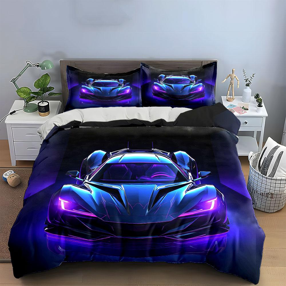 Neon Purple Sports Car Bedding Set 3pcs, Futuristic Supercar Print Duvet Cover, Cool Racing Bedding for Boys & Gamers, Gift 135x200cm