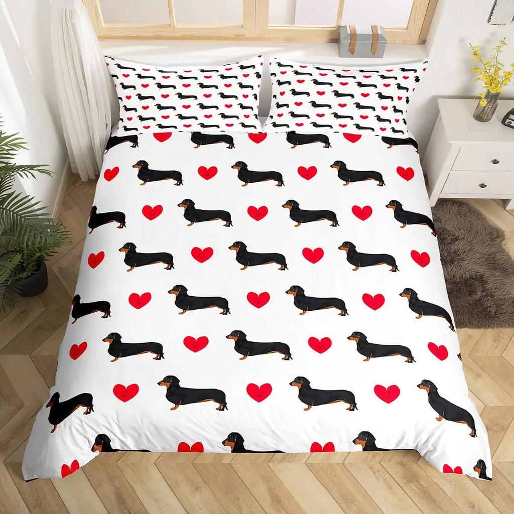 Cartoon Dachshund Bedding Set Cute Sausage Dog Duvet Cover Set Pet Puppy Printed Comforter Cover Animal Polyester Quilt Cover
