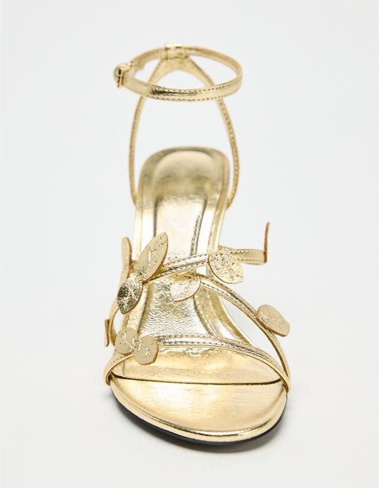 Elegant Gold Heeled Sandals for Women Fashion Leaf Decoration Ankle Strap  High Heels Luxury Wedding Bridal Dinner Shoes