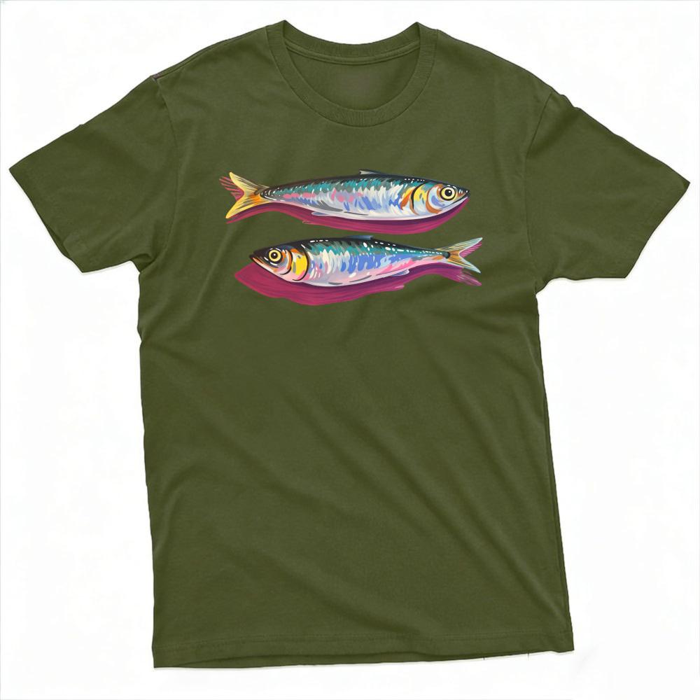 Colorful Sardine Fish Art Unisex T Shirt Summer Watercolor Seafood Cooking Tee Fresh Catch Marine Pattern Streetwear Clothing