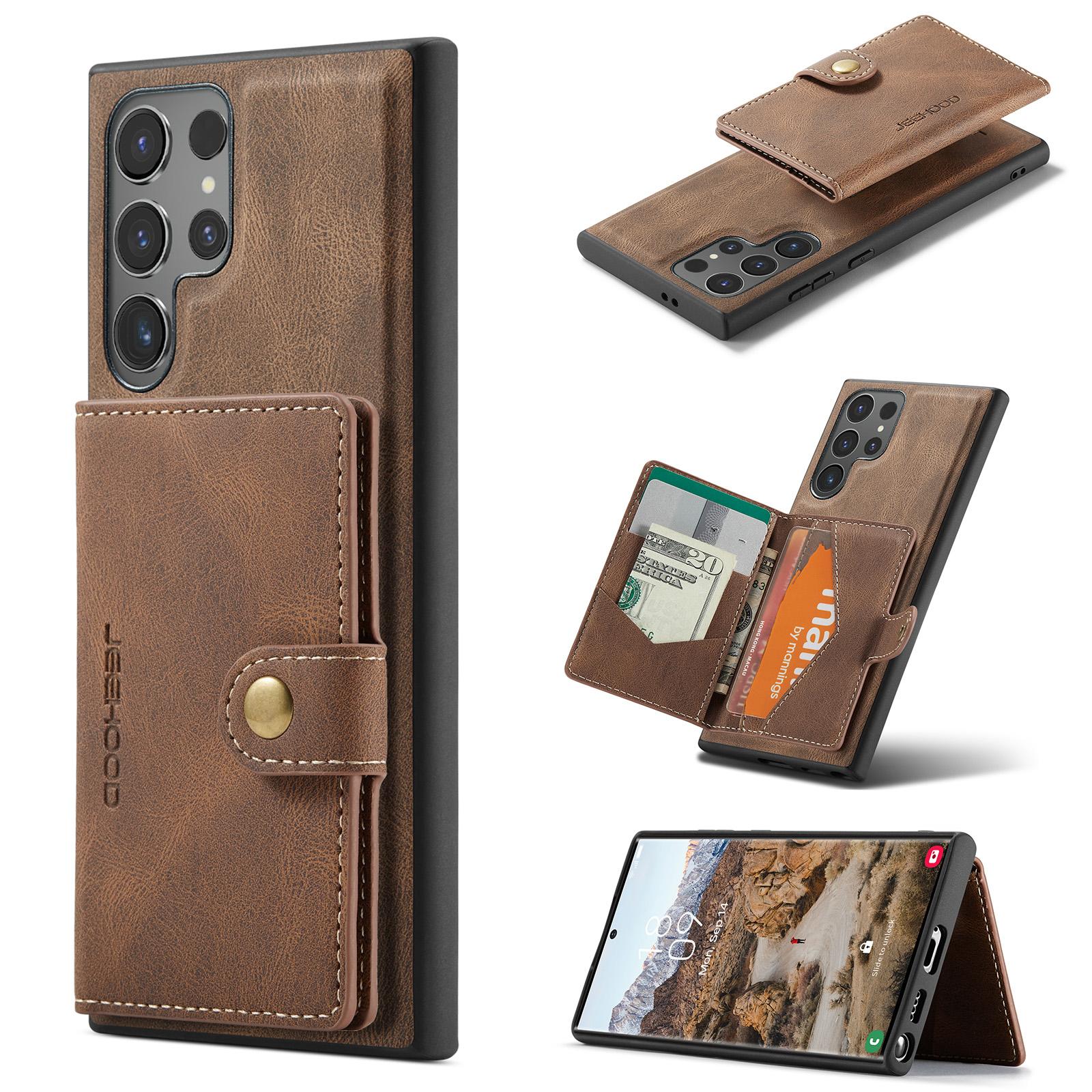 

For Samsung Galaxy S24 Ultra Case Kickstand Phone Cover Detachable Card Bag Brown