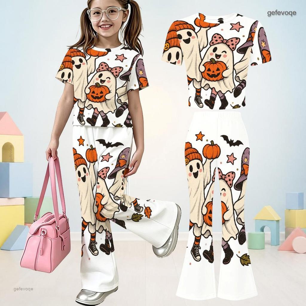 Girls Halloween Lamb Print Round Neck Short Sleeve Top And Flared Pants Two Piece Set
