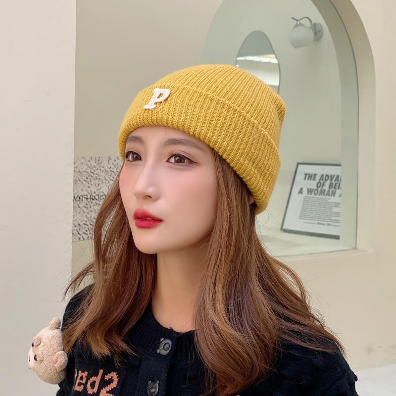 Winter Knitted Hat for Women Warm Pullover Hat P Shaped Bag Head Trendy Face Small Korean Version Wool Hat Men