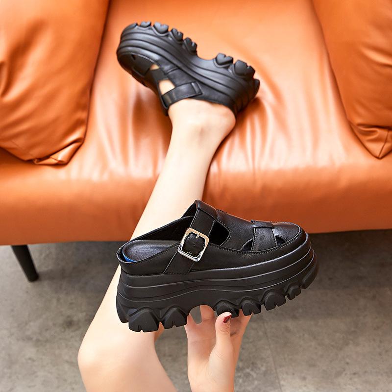 Fashion 9CM Hollow Genuine Leather Women Slippers Platform Shoes Wedge Sandals White Sneakers Women Slip On Slides Mules Summer