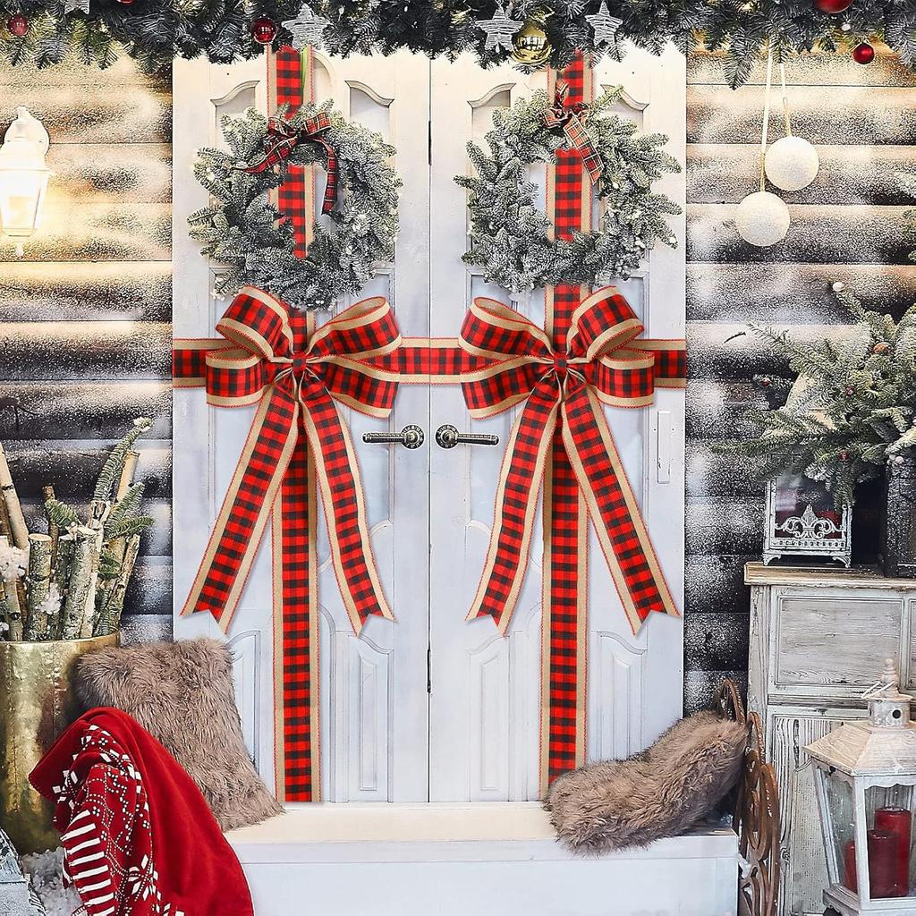 Red Christmas Door Decoration Ribbon Large Buffalo Plaid Bow Door Lace Outdoor Garden Front Door Decors Cabinet Door Ornament