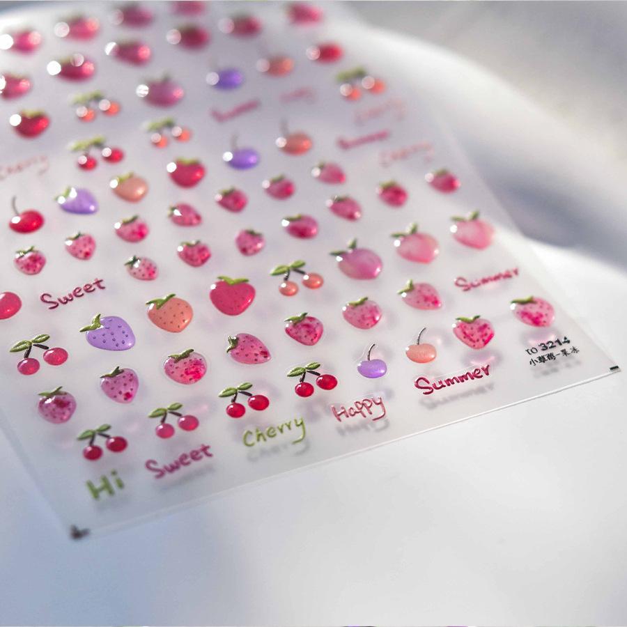 Kawaii Cherry Bow Nail Stickers 5D French Cute Red Bow Fruit Design Self Adhesive Decoration Nails Stickers DIY Nail Accessories