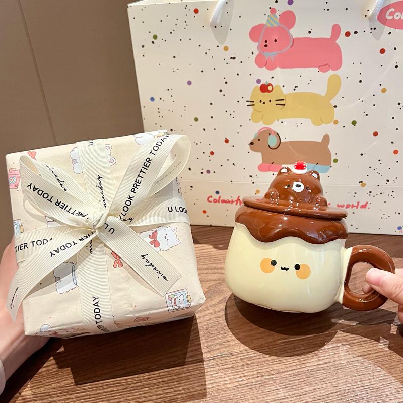 Gift Super Cute Pudding Mug Household Ceramic Water Cup with Lid Spoon Coffee Cup Souvenir