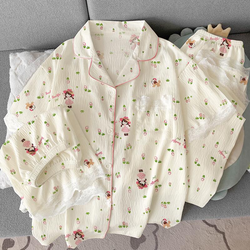 

Милая цветочная летняя пижама из облачного хлопка с коротким рукавом для маленькой девочки, нишевая, простая, мультяшная домашняя одежда, комплект из трех предметов 2XL