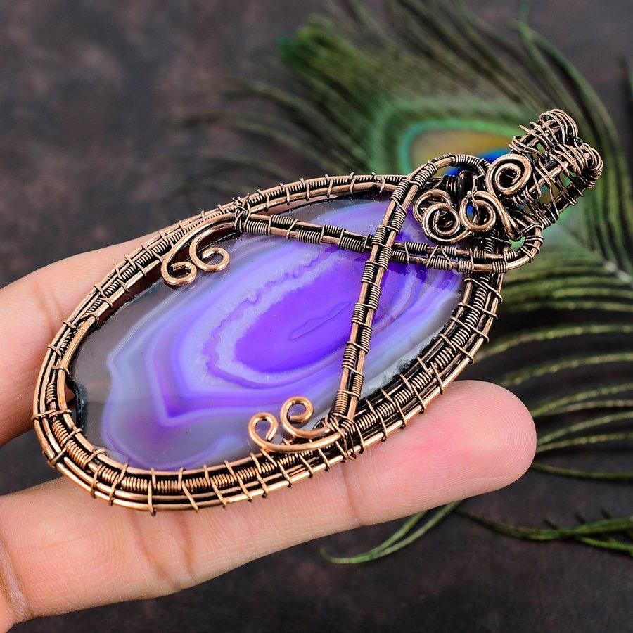 Natural Purple Botswaba Druzy Gemstone Copper Wire Wrap Pendant 3.86 p9g49