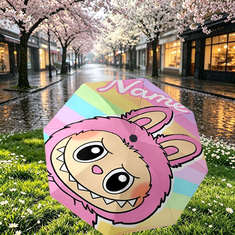 Custom Name Personalized Labubu Print Umbrella, Auto Open Close, 8‑Rib Sturdy Frame, Commute Camping Hiking Use, Birthday Gift