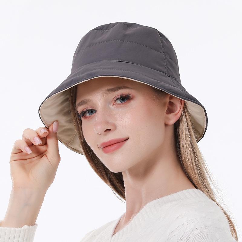Reversible Korean-Style Down Cotton Bucket Hat for Women - Autumn/Winter Large Brim, Waterproof, Sunshade, Warm.