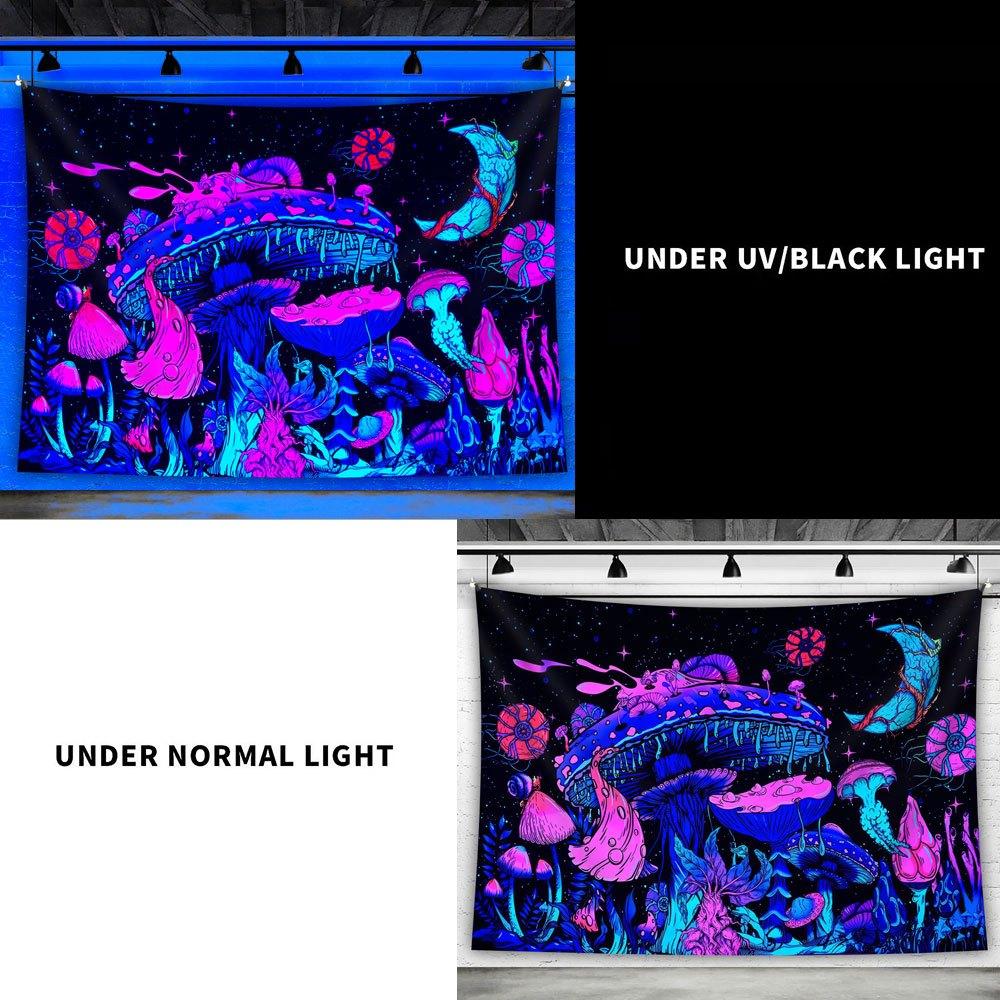 

VIKAMA Fluorescent Mushroom Plant Wall Hanging Neon Blue Pink Glow Indoor Decor Bedroom Living Room Tapestry Home Decor 40X60CM(1.3X2FT