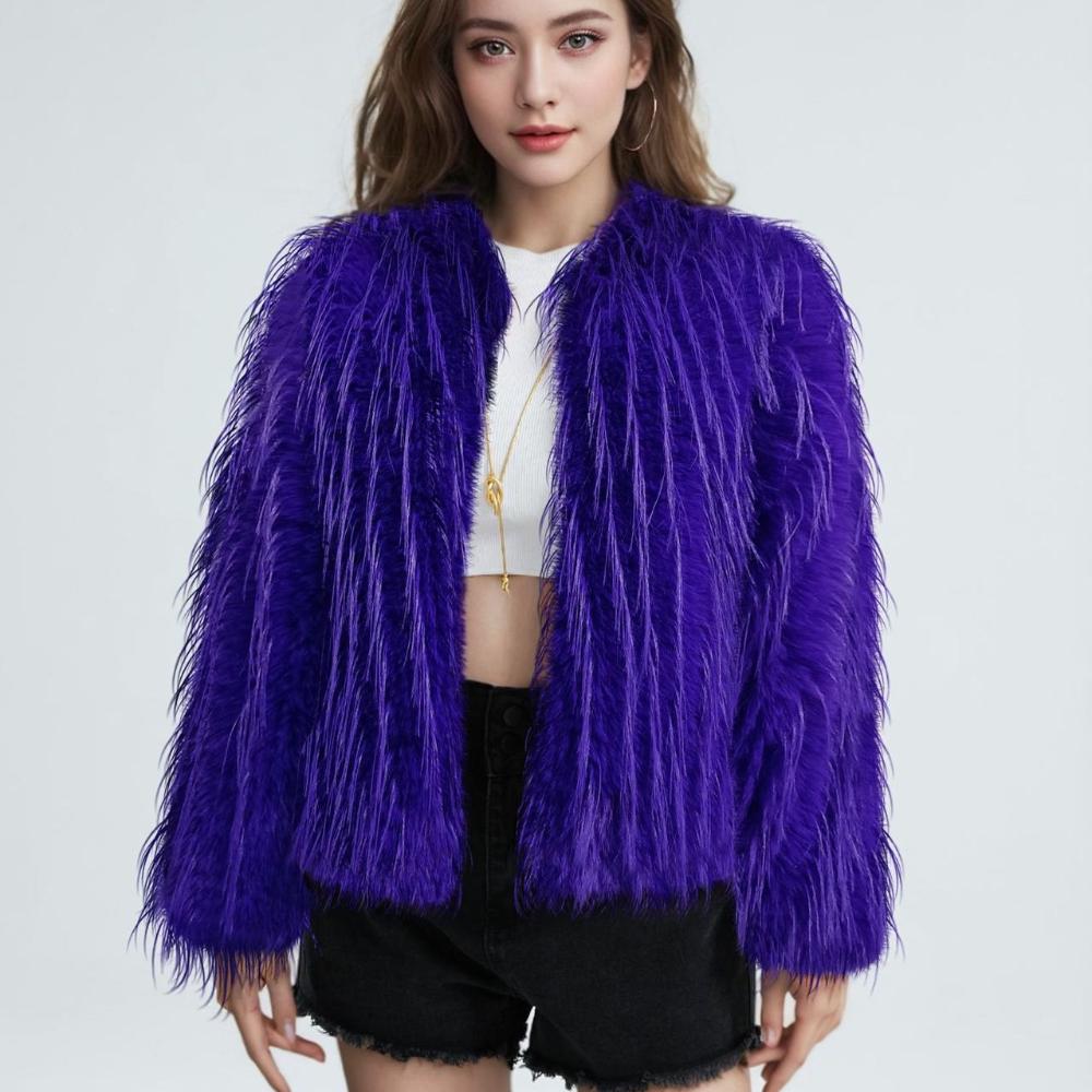 

2025 New Solid Color Round Neck Tassel Fur Imitation Fur Short Jacket for Women s Urban Fashion Women s Outerwear S