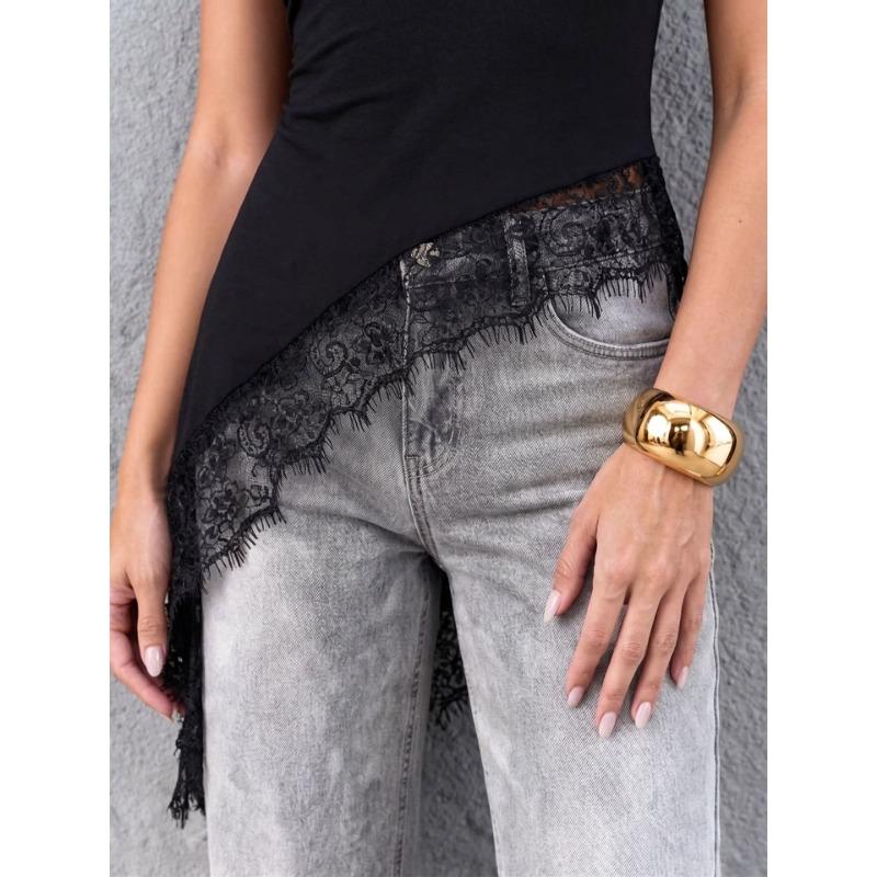 Women Solid Color One Shoulder Metal Buckle Lace Spliced Asymmetrical Hem Tank Top