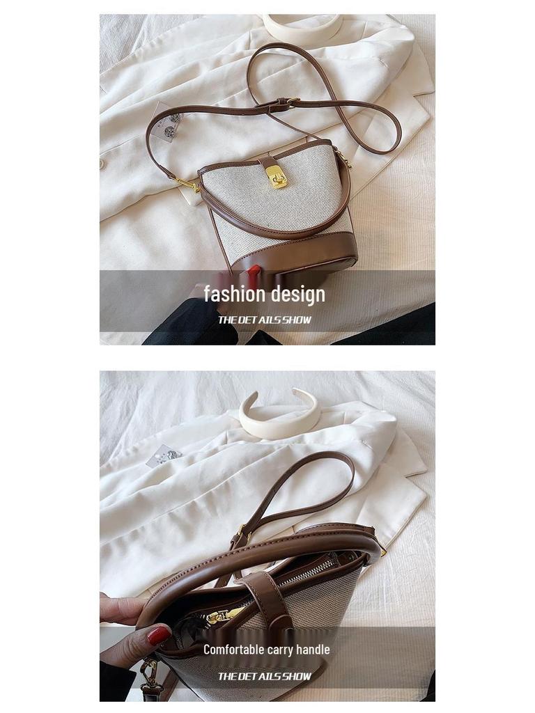 2025 Damen Retro Color Block Canvas Bucket Bag – Modische, vielseitige Pendler-Umhänge-/Crossbody-Tasche