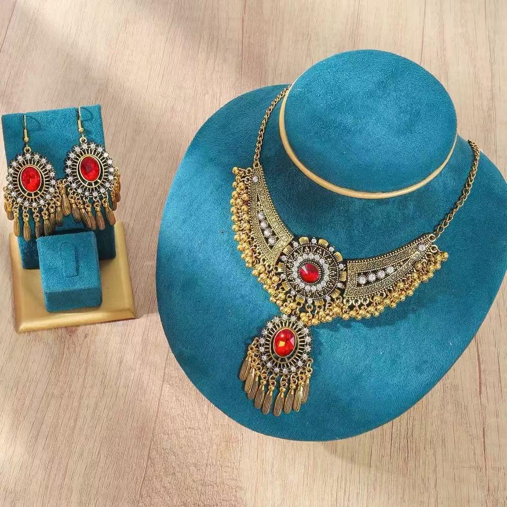 Ethnic Style Crystal Rhinestone Geometric Necklace and Earring Set , Boho Chic Adjustable Length Jewelry