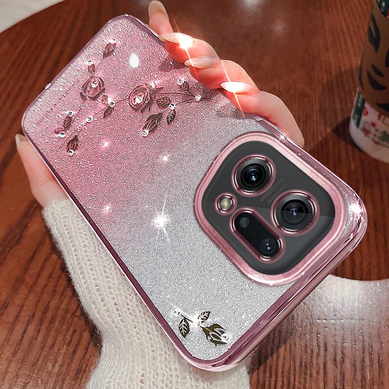 KADEM TPU Phone Case for Oppo Find X5,Flower Pattern Rhinestone Gradient Color Glitter Powder Back Cover
