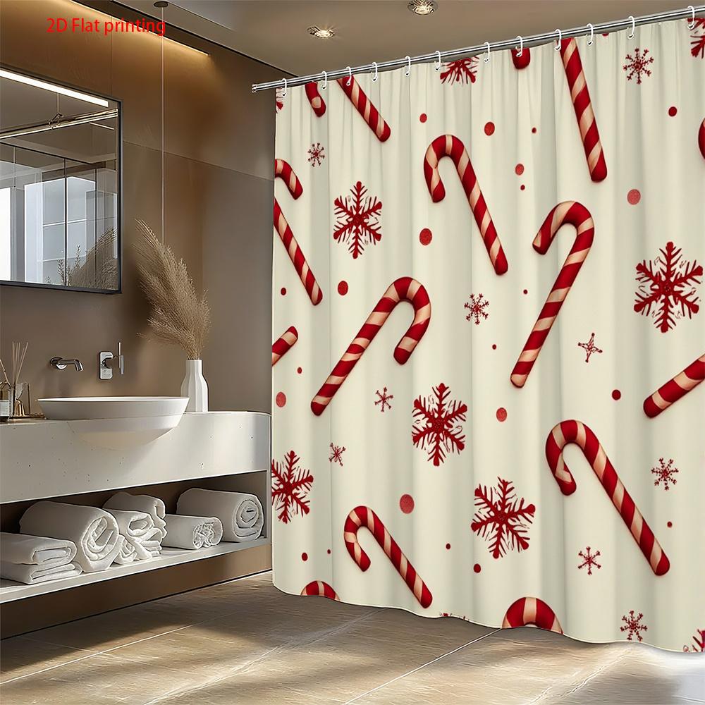1Pc Shower Curtain With Candy Cane And Snowflake Pattern, Polyester Fabric, Machine Washable, Suitable For Bathroom Decoration