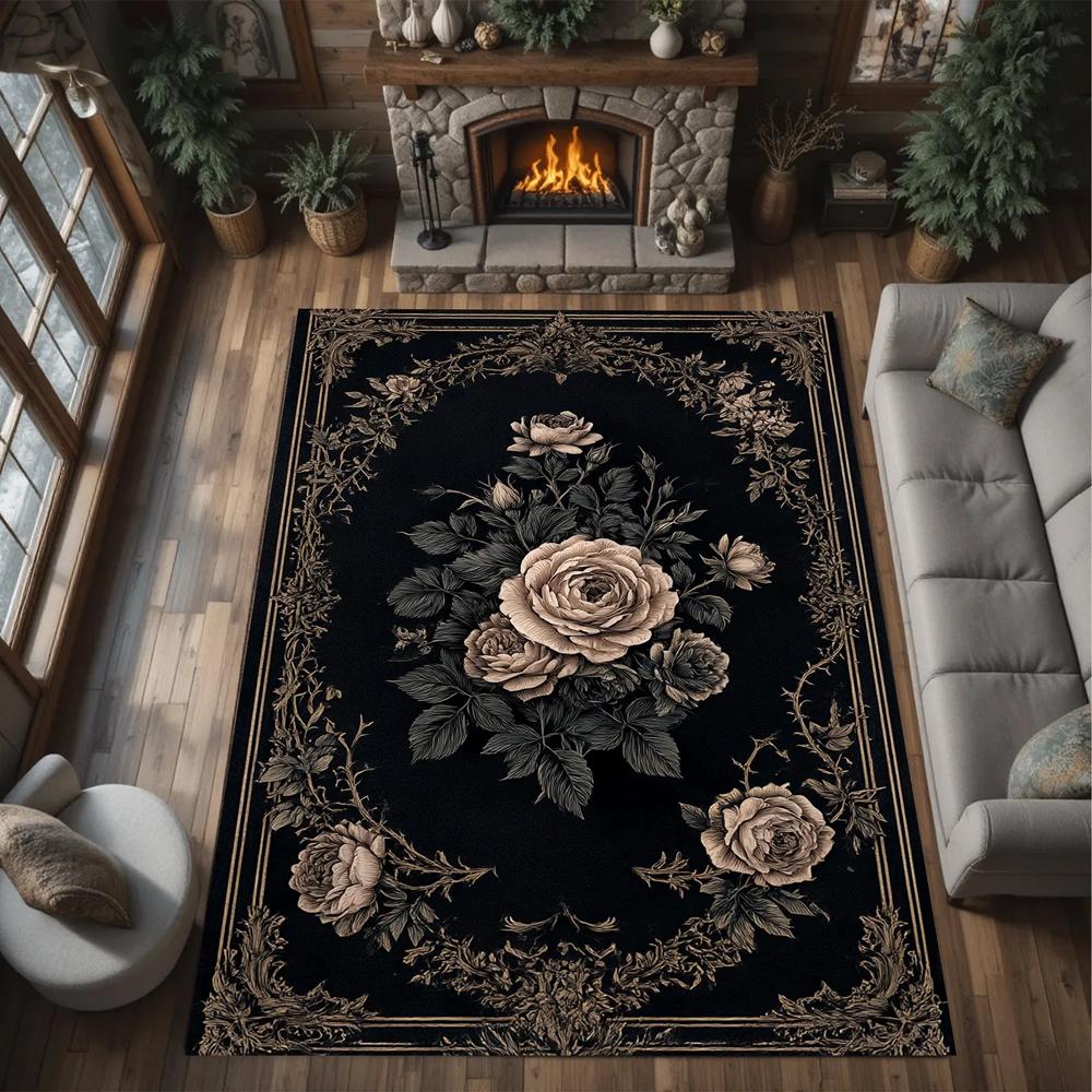 Dark Gothic Celestial Rose Print Area Rug, Ornate Vintage Floor Mat for Living Room Bedroom Kitchen Dorm Office Home Decor