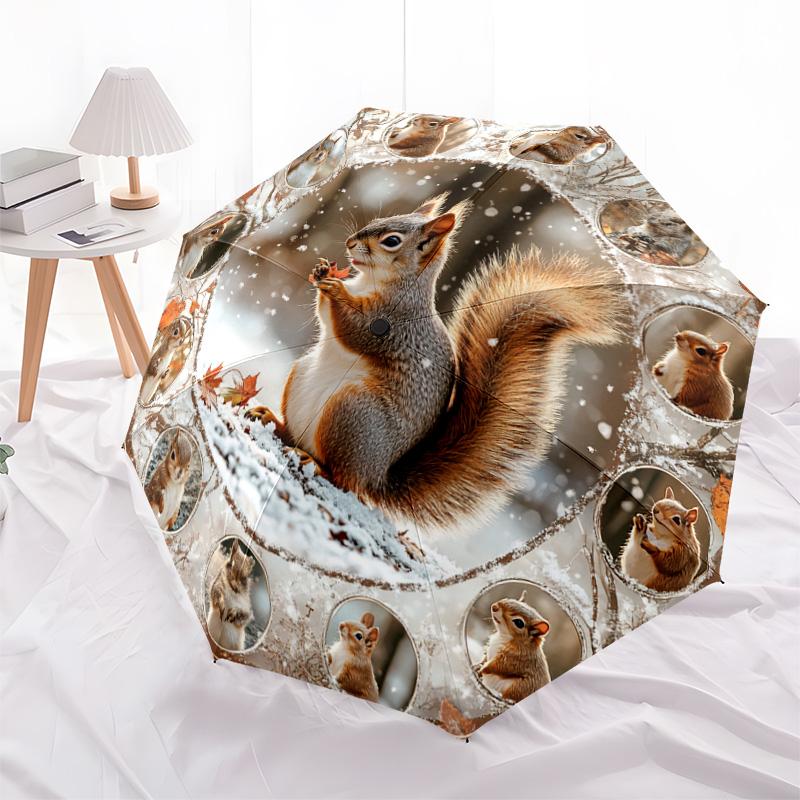 1 PC Automatic Folding Umbrella - Squirrel Pattern, Portable & Foldable Design with 8 Ribs, Christmas Birthday Gifts