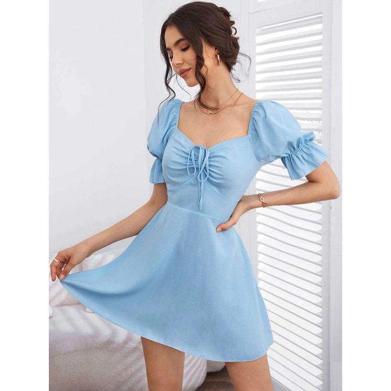 New Pullover Skirt Blue Square Neck Retro Solid Dress Dress