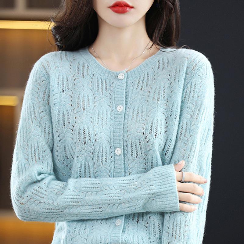 Women's Fashionable Autumn Wool Cardigan Coat - Round Neck, Knit, Hollow Design Cashmere Sweater
