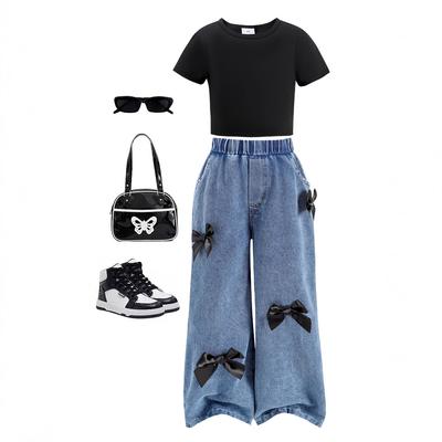 Girls' Fashion Set 2025 Summer Children's Casual Black Short-sleeved T-shirt + Bow Long Pants Set