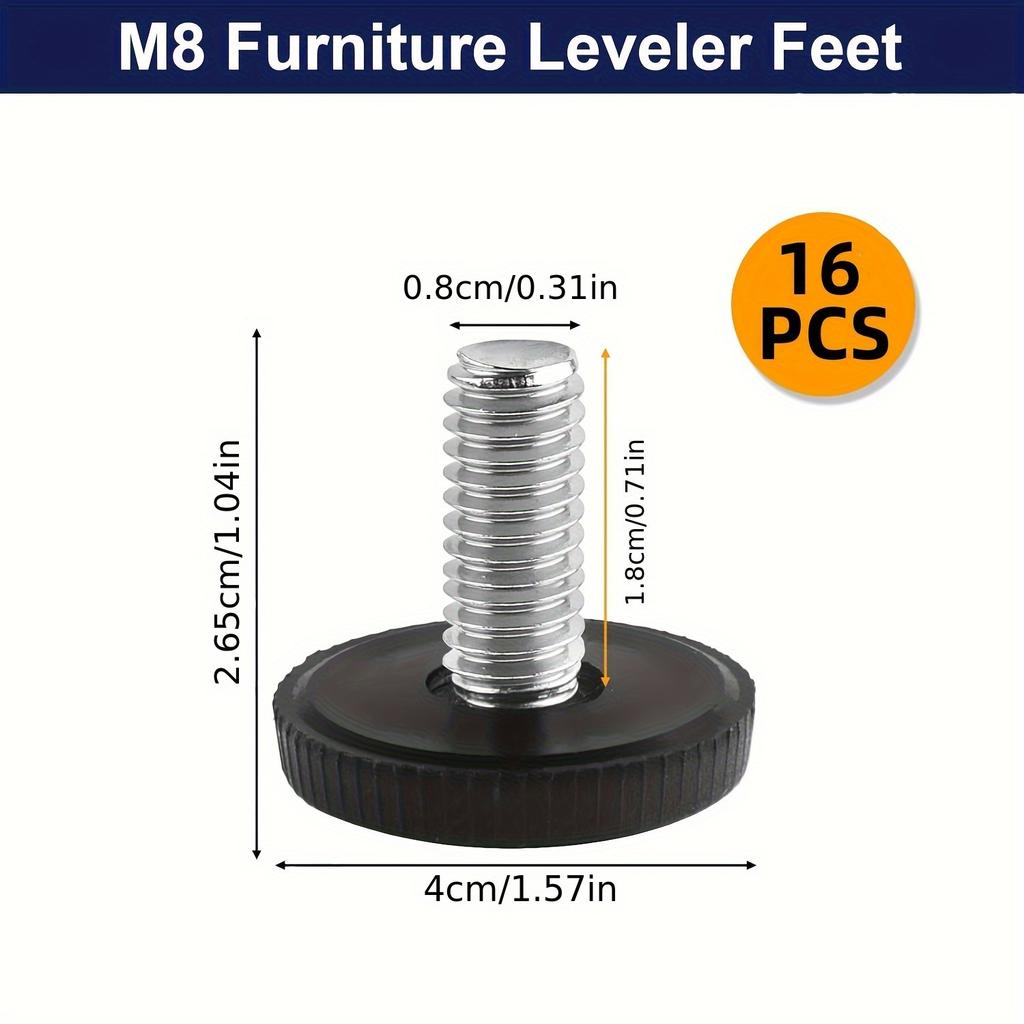 16pcs M8 Adjustable Threaded Furniture Legs - Horizontal Foot Screws for Tables, Cabinets, Chairs, Stools