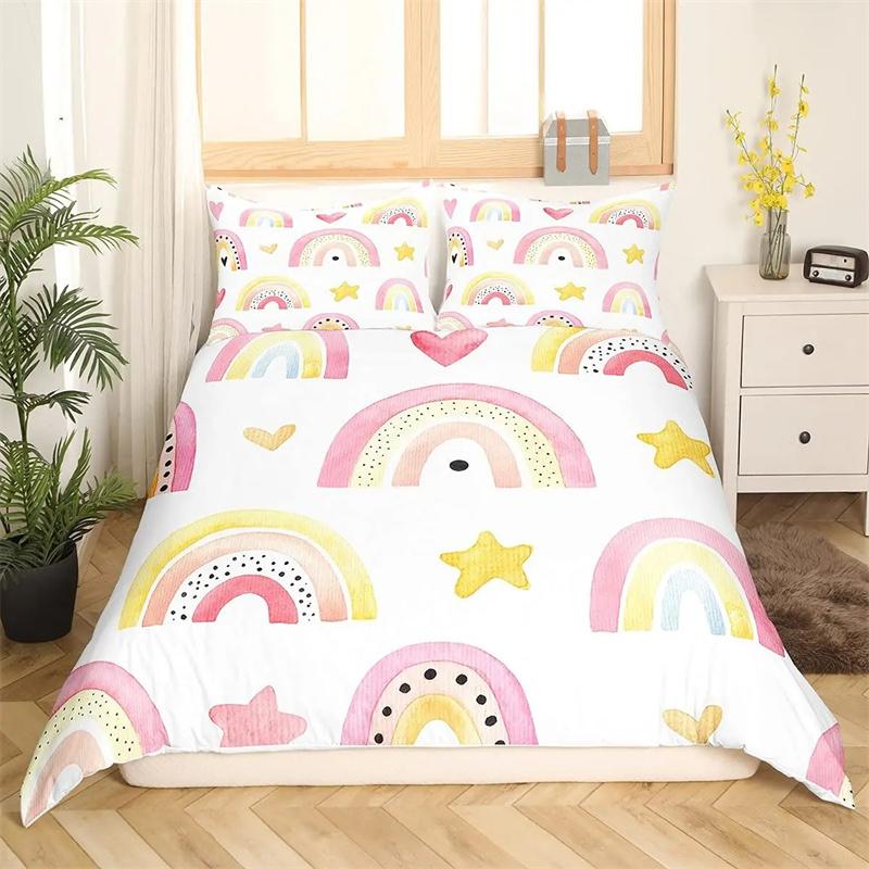 Cartoon Rainbow King Queen Duvet Cover Kids Girls Colorful Clouds Bedding Collection Love Heart Comforter Cover Polyester Quilt Cover