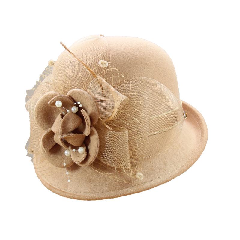 Autumn And Winter Half Roll Top Hat Lady Elegant Pearl Flower Pot Hat Outdoor Fashion Versatile Woolen Bucket Hat