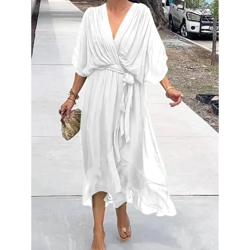 Elegant Summer Maxi Dress With Vneck And Batwing Sleeves For Casual Wear
