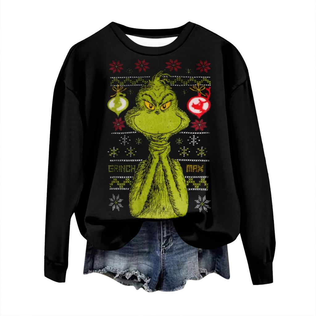Womens Fashion Casual Long Sleeve Christmas Santa Print Crew-Neck Hoodie Top