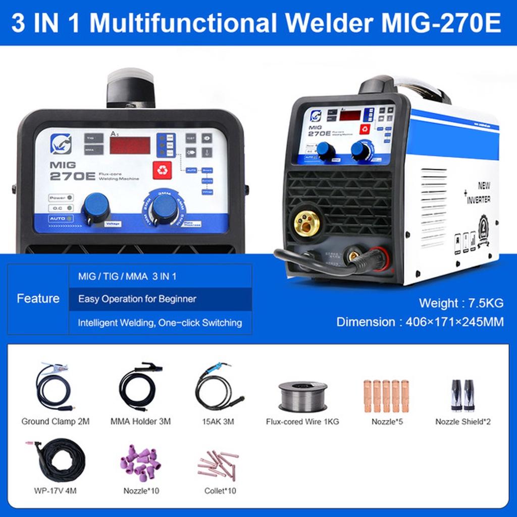 220V IP21S MIG-270E MIG/LIFT TIG/MMA 3 IN 1 Multifunctional Portable Intelligent Welding Machine Support No Gas Welders EU Plug