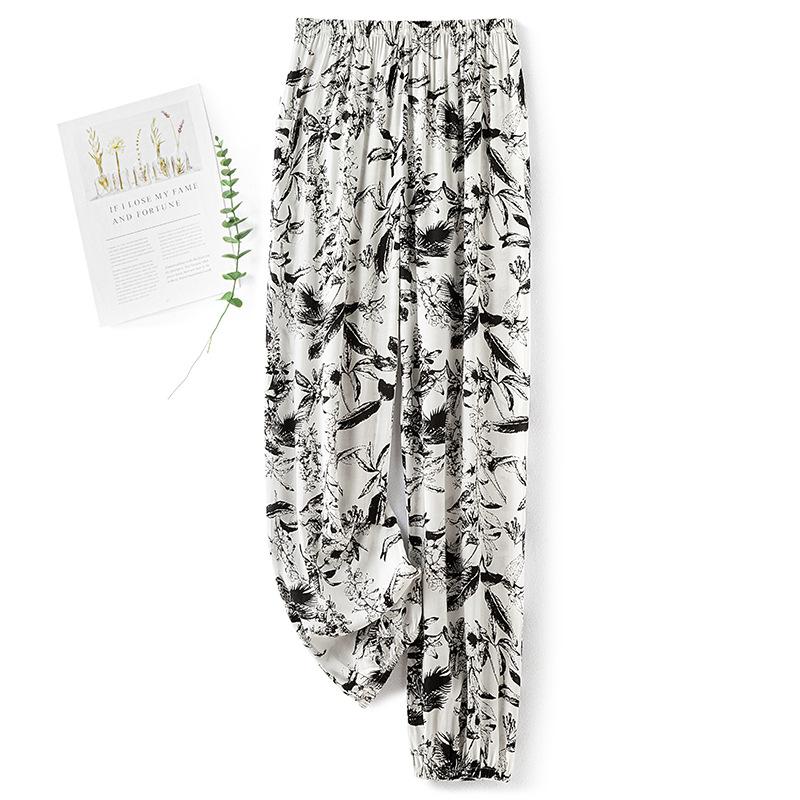 Pantaloni de pijama din bumbac mătase pentru femei, secțiune subțire de vară, anti-țânțari, pantaloni cu picior lat, culoare uni, pentru exterior, casă, petrecere a timpului liber, imprimeu, pantaloni de plajă până la genunchi