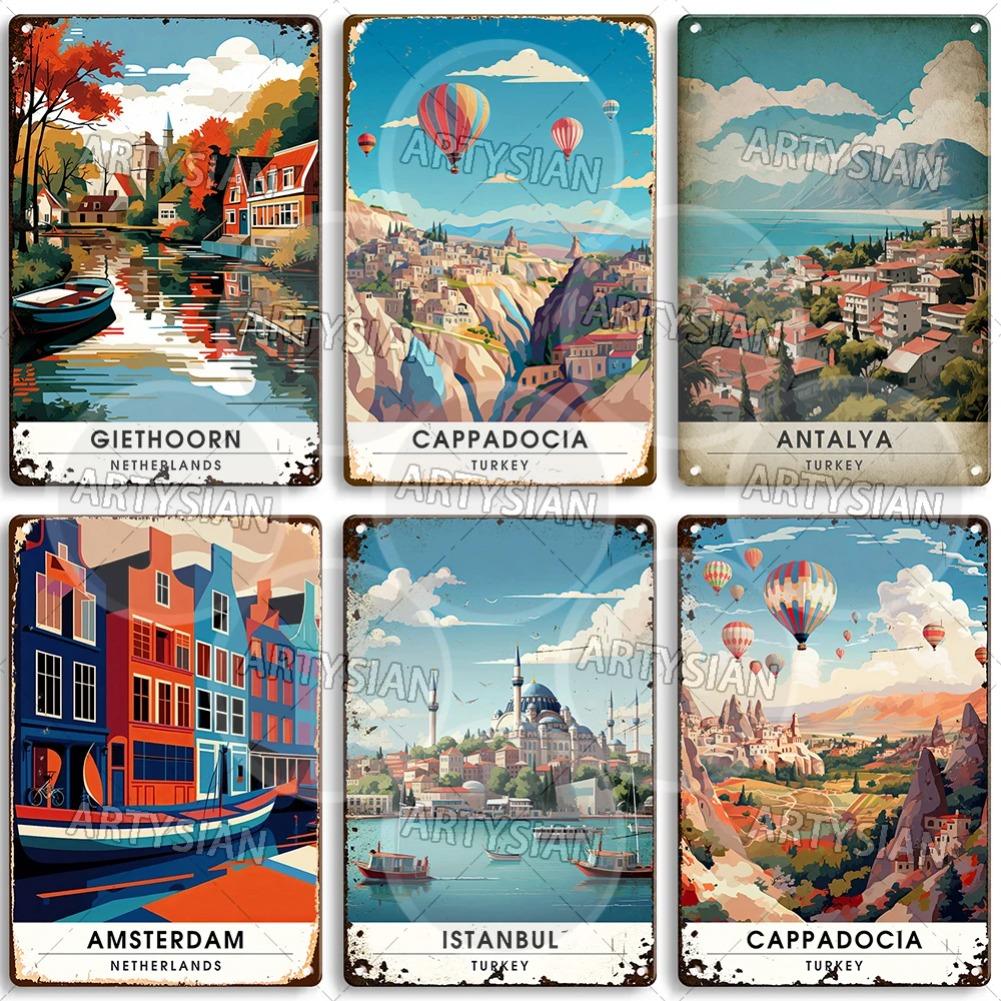 Netherlands Turkey Travel Cityscape Metal Sign Istanbul Bodrum Cappadocia Amsterdam Antalya Bodrum Giethoorn Metal Plaque