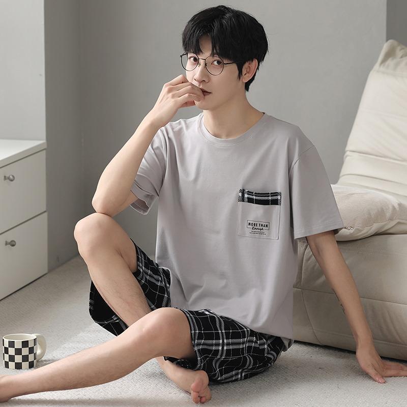Fashion Cotton Summer Pajamas for Men 2Pcs/Set Short Sleeves Nightwear Loungewear Hombre Pijamas Dropship