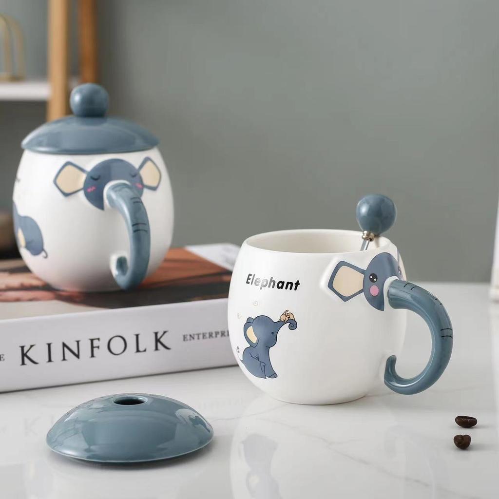 Creative and Cute Elephant Mugs Office Home Ceramic Cups  Covered Spoons  Student Breakfast Milk Cups Coffee Cups