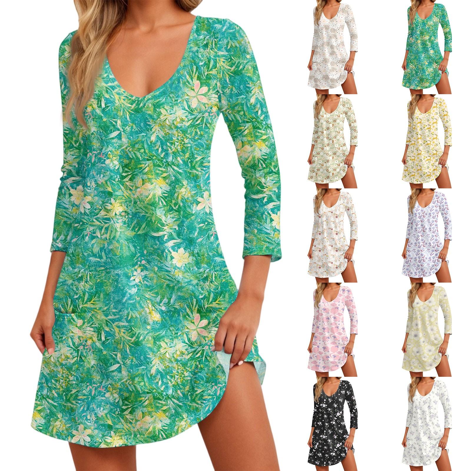 

Women s Fashion Casual V-Neck Floral Print Pocket Three-quarter Sleeve Dress M