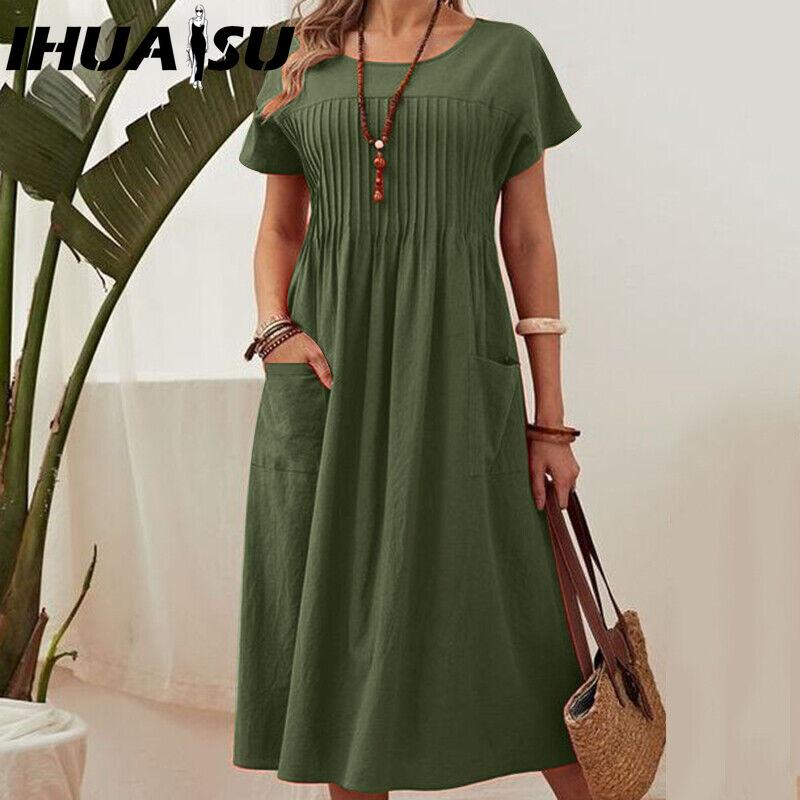 

Летнее женское платье IHUASU больших размеров, длинное, из цельного хлопка и льна, с круглым вырезом, карманами, плиссированными короткими рукавами XXXXL
