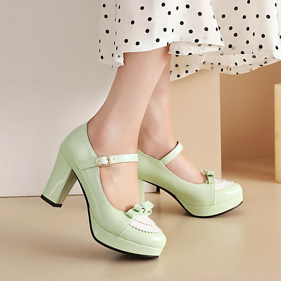 Fashion Women Platform Pumps Sweet Bowtie Shoes Vintage Chunky Female High Heels Party Wedding Prom Footwear Girls Shoes Big Size 33-43