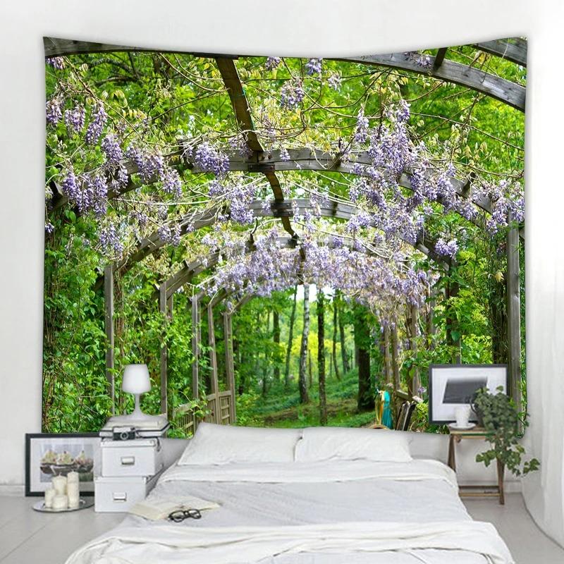 Garden Printed Tapestry Arched Flower Door Pattern Hanging Cloth Home Decoration Bedroom Living Room Wall Background Cloth